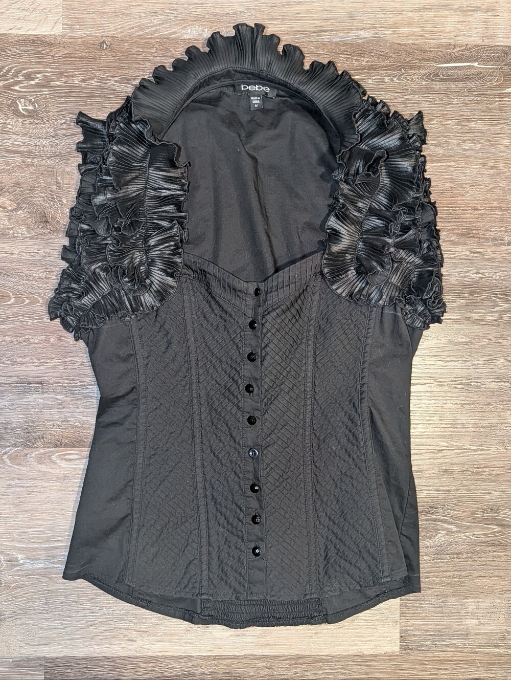 bebe Black Ruffled Sleeve Button-Up Corset